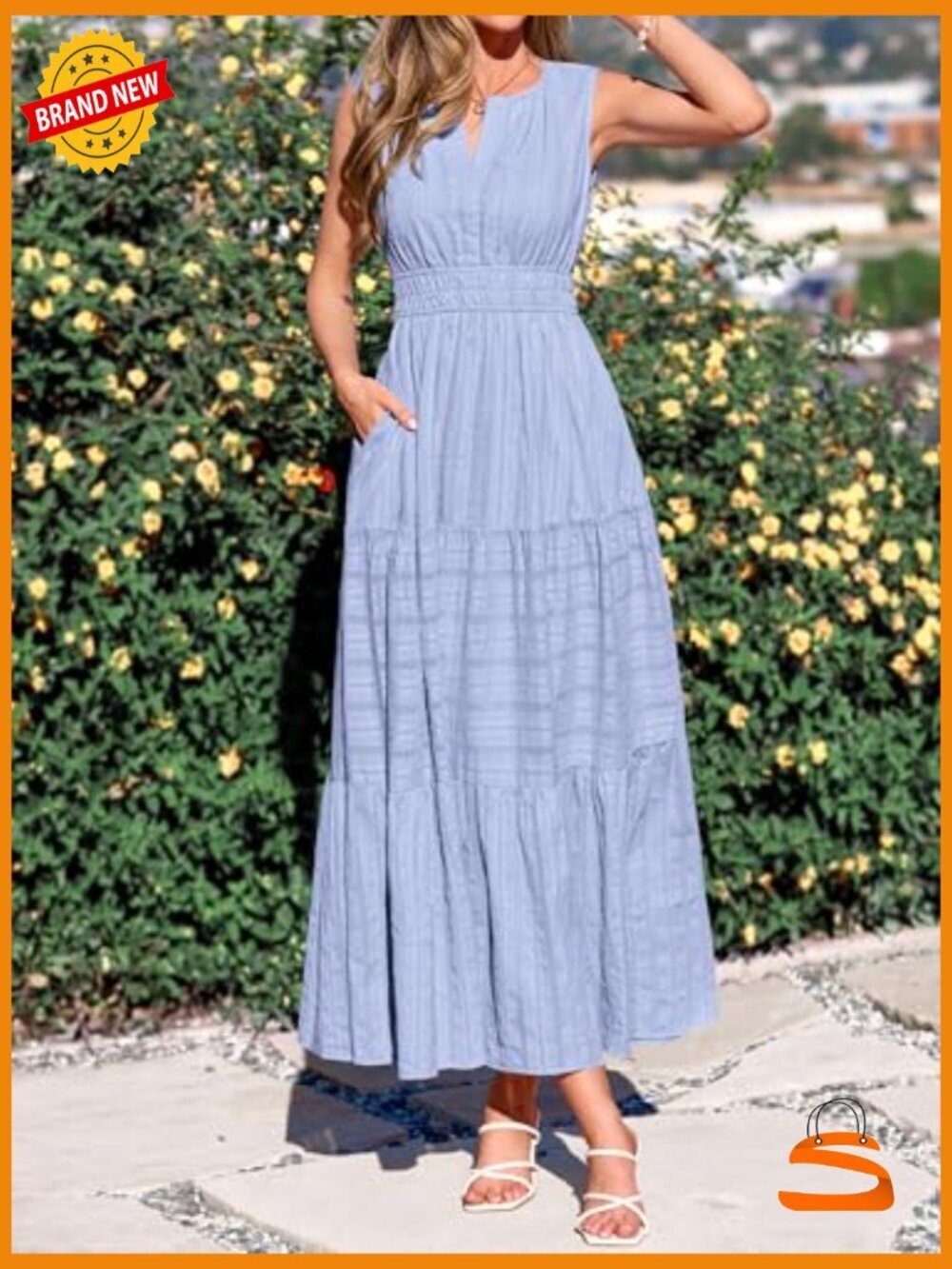 Sleeveless V-Neck Maxi Dress with Pockets Flowy Boho Casual Beach Vacation - Picture 4 of 7